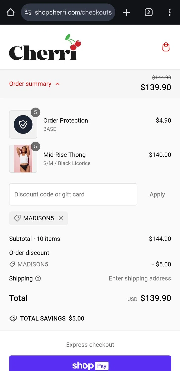 Cherri promo code screenshot showing code MADISON5 applied at Cherri checkout page. Uploaded by SimplyCodes community member ComeBurra123 on Feb 17, 2025
