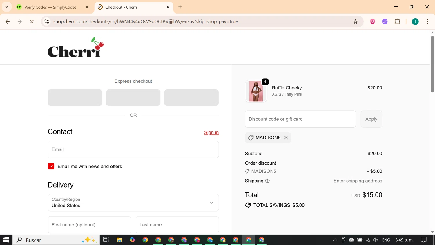 Cherri promo code screenshot showing code MADISON5 applied at Cherri checkout page. Uploaded by SimplyCodes community member ExtraordinaryKnight690 on Oct 13, 2025
