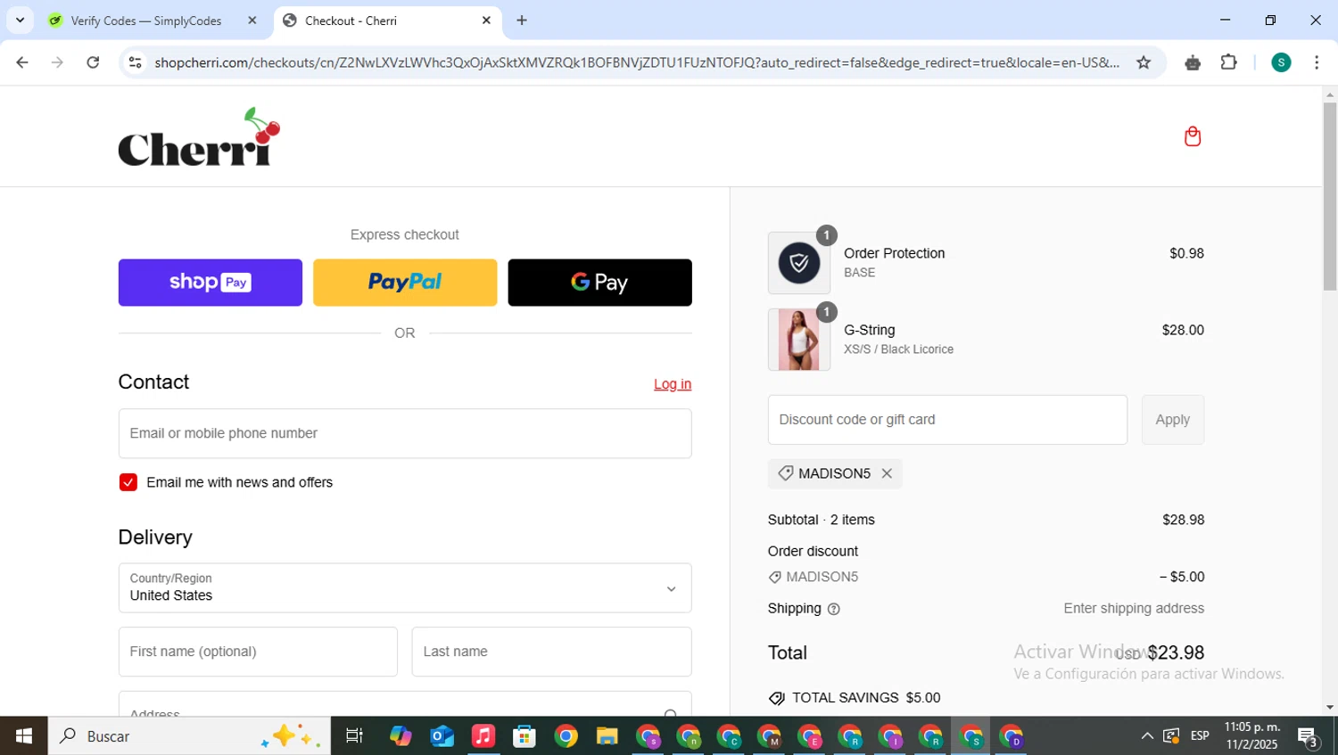 Cherri promo code screenshot showing code MADISON5 applied at Cherri checkout page. Uploaded by SimplyCodes community member VictoriousPilot5281 on Feb 12, 2025