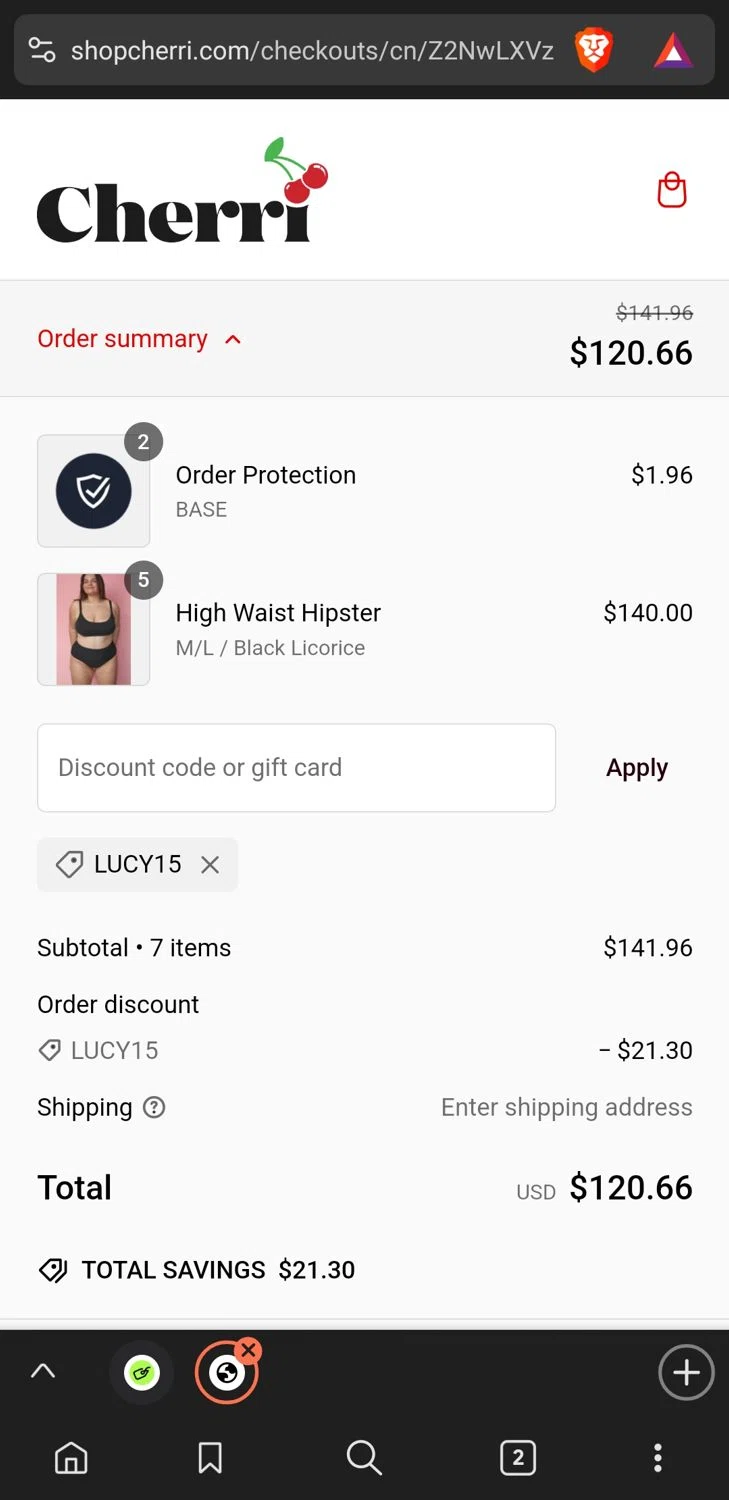 Cherri promo code screenshot showing code LUCY15 applied at Cherri checkout page. Uploaded by SimplyCodes community member ScanPioneer7706 on Jan 17, 2025