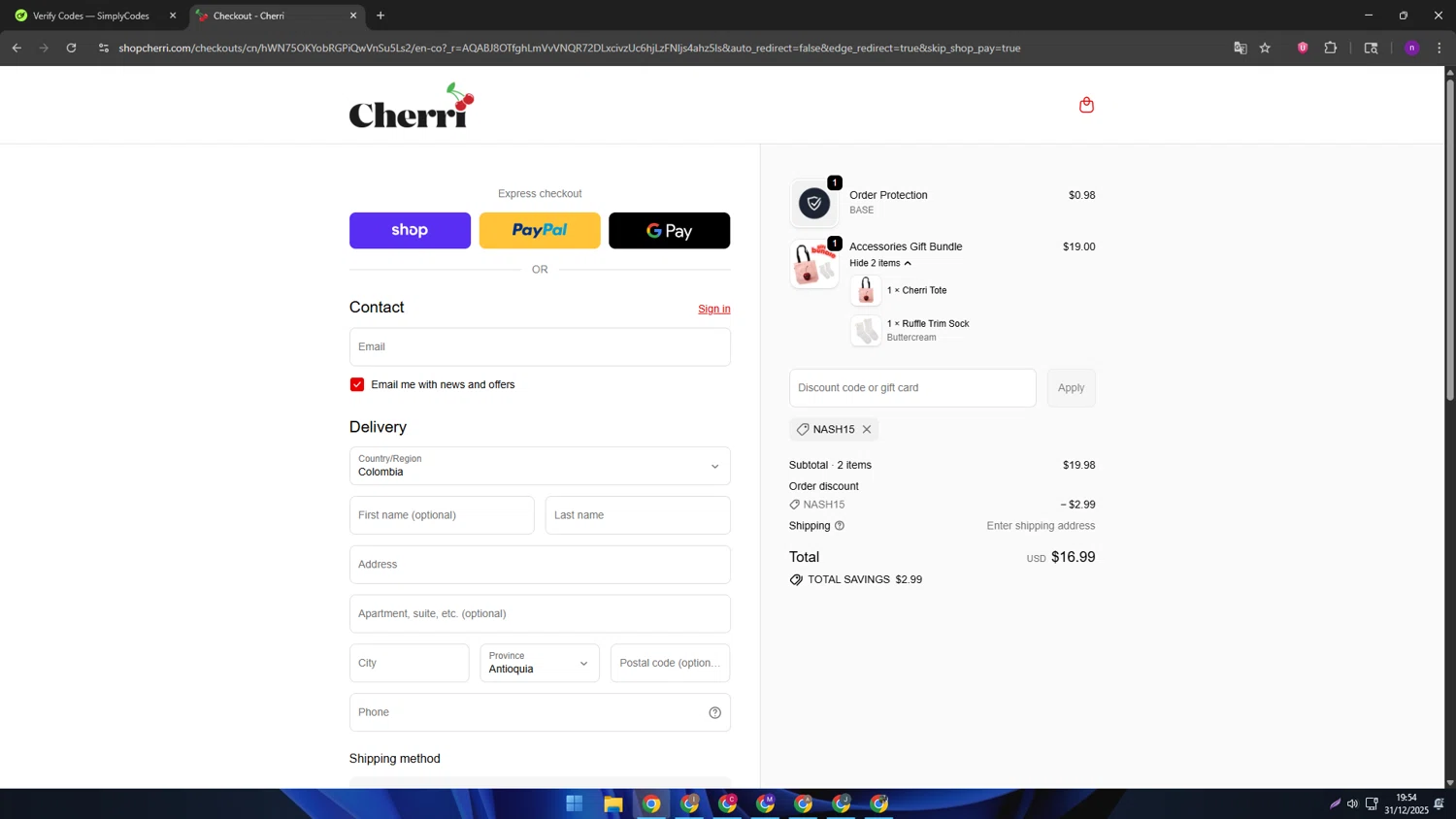 Cherri promo code screenshot showing code NASH15 applied at Cherri checkout page. Uploaded by SimplyCodes community member AVAMUSTANG on Jan 1, 2026
