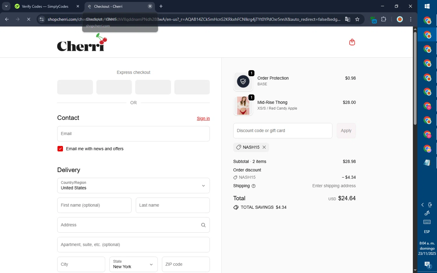 Cherri promo code screenshot showing code NASH15 applied at Cherri checkout page. Uploaded by SimplyCodes community member GoldPilot5958 on Nov 23, 2025