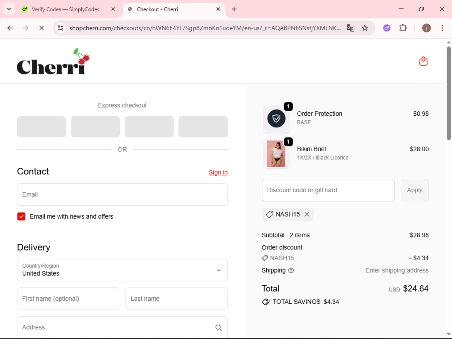 Cherri promo code screenshot showing code NASH15 applied at Cherri checkout page. Uploaded by SimplyCodes community member xcvcxvsave on Dec 9, 2025