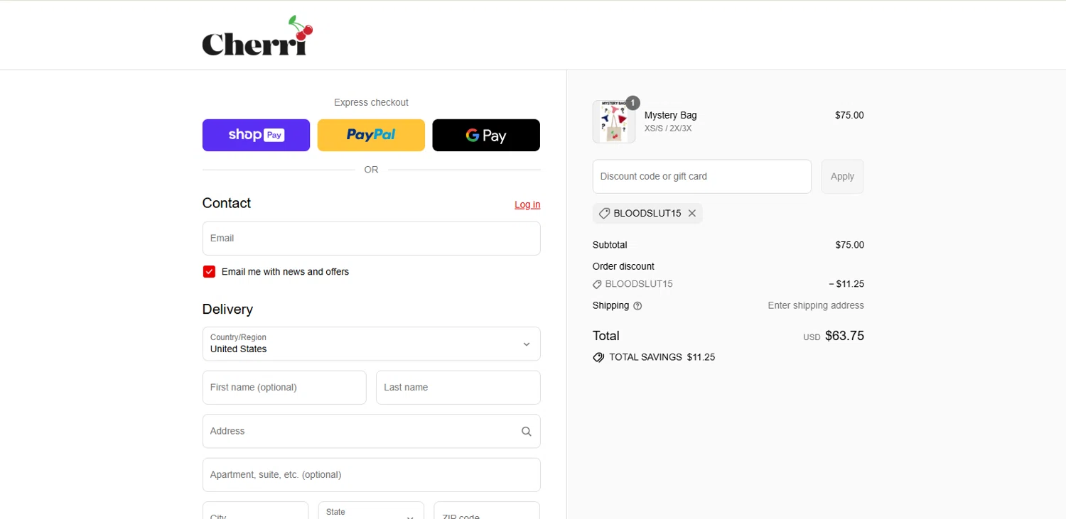 Cherri promo code screenshot showing code BLOODSLUT15 applied at Cherri checkout page. Uploaded by SimplyCodes community member kalltrom21 on Jul 22, 2025
