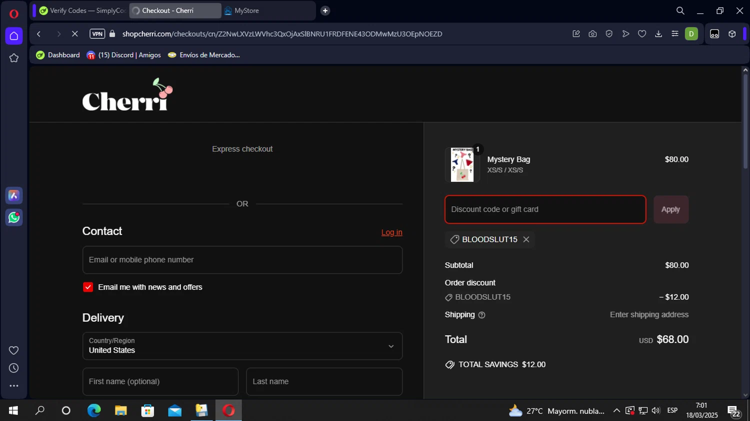Cherri promo code screenshot showing code BLOODSLUT15 applied at Cherri checkout page. Uploaded by SimplyCodes community member TuAmigoRed on Mar 18, 2025