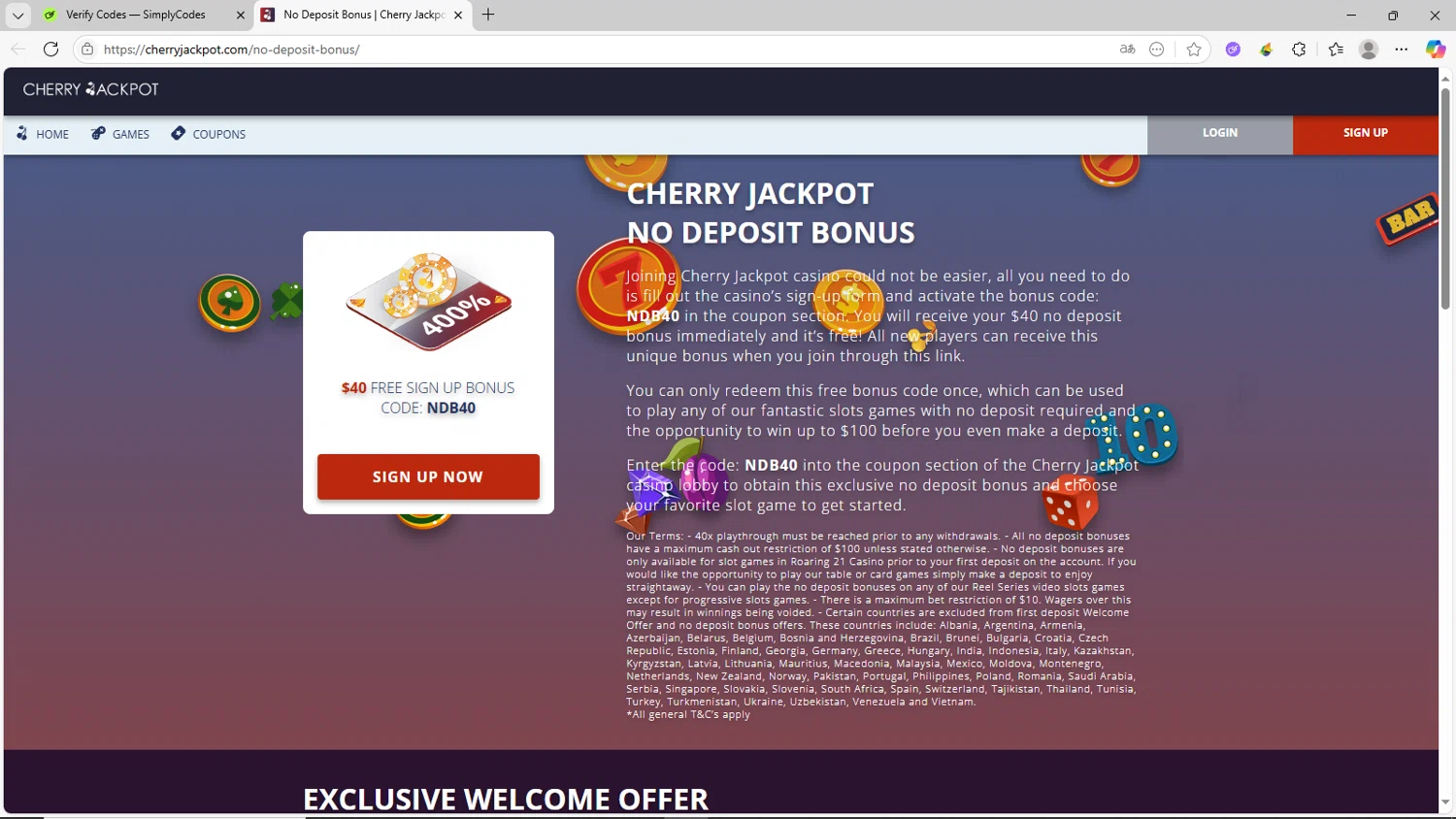 Cherry Jackpot checkout page showing Cherry Jackpot coupon code box | Screenshot taken by SimplyCodes community member on Jul 23, 2025