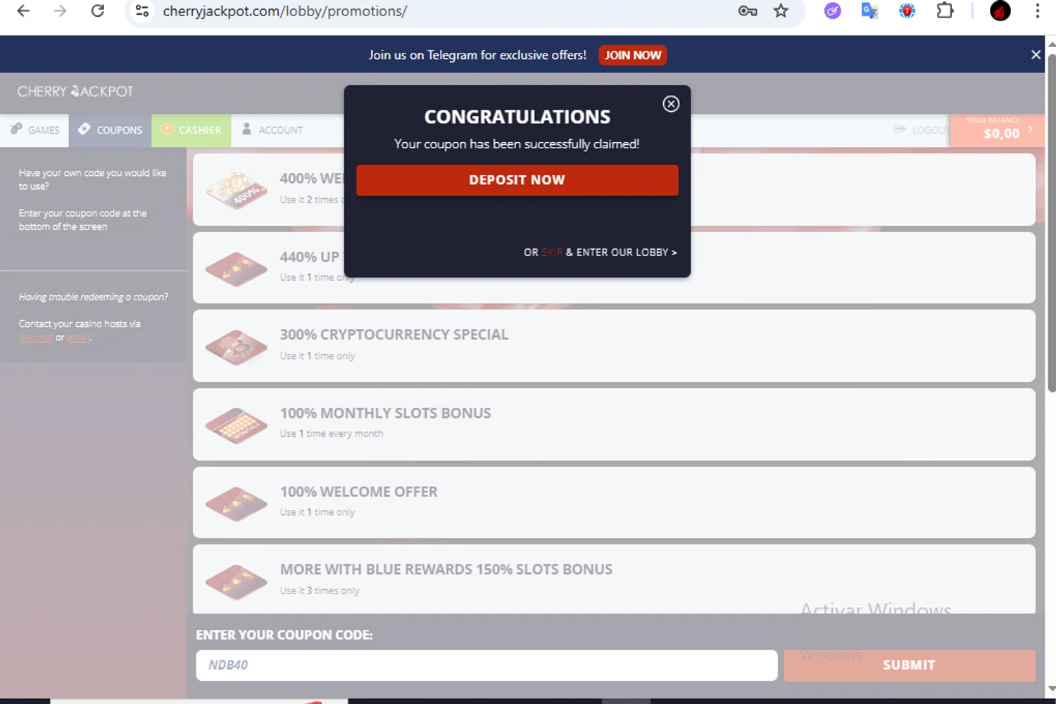 Cherry Jackpot coupon code screenshot showing code NDB40 applied at Cherry Jackpot checkout page. Uploaded by SimplyCodes community member Francisco01 on Oct 15, 2025