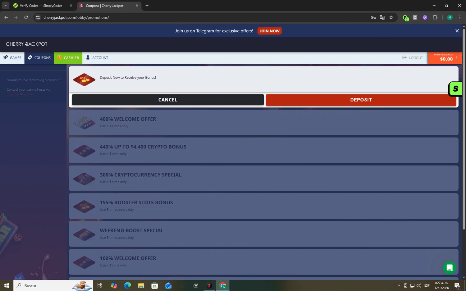 Cherry Jackpot checkout page showing Cherry Jackpot coupon code box | Screenshot taken by SimplyCodes community member on Jan 12, 2026