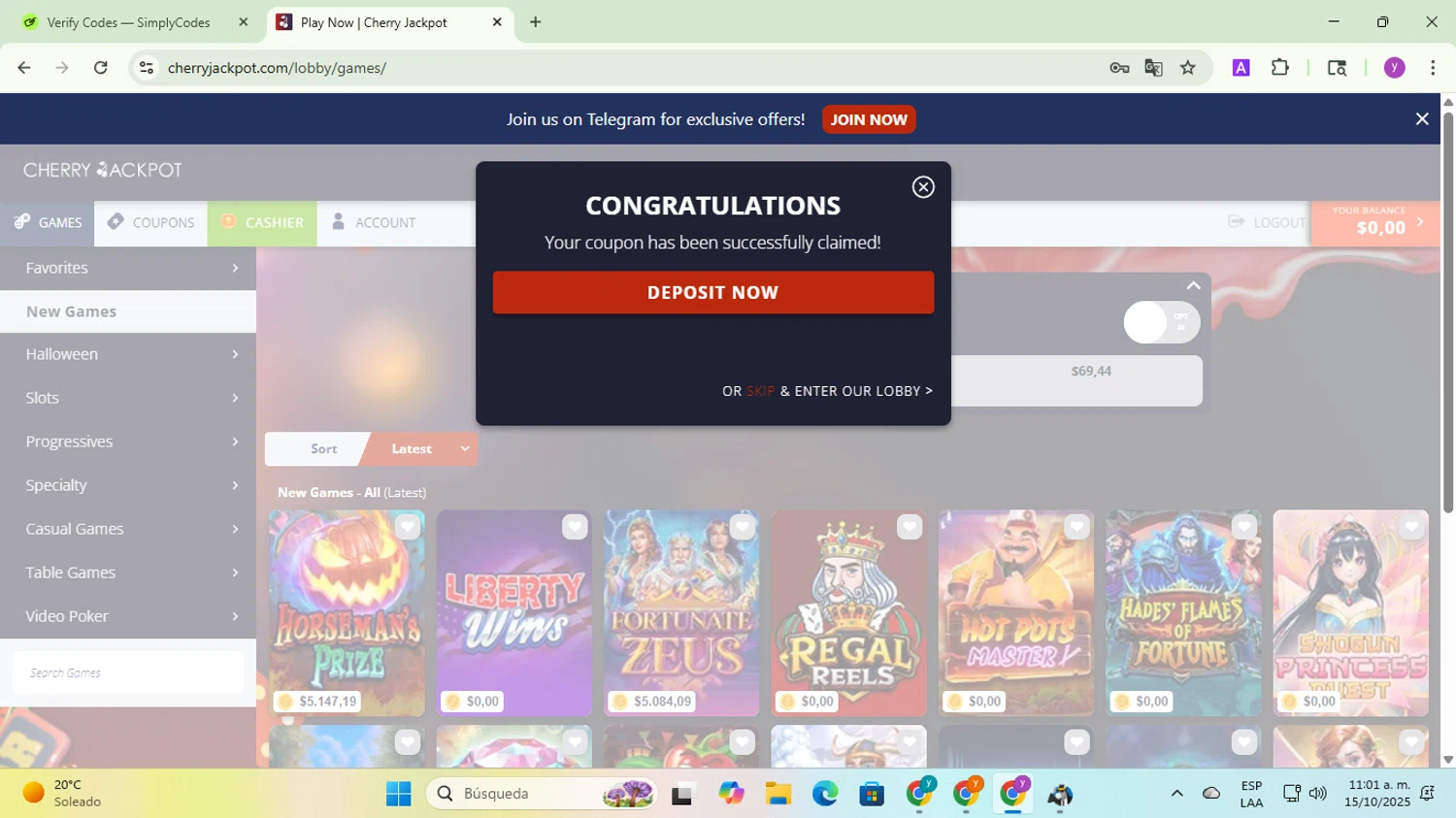 Cherry Jackpot coupon code screenshot showing code NDB40 applied at Cherry Jackpot checkout page. Uploaded by SimplyCodes community member yadicg054 on Oct 15, 2025