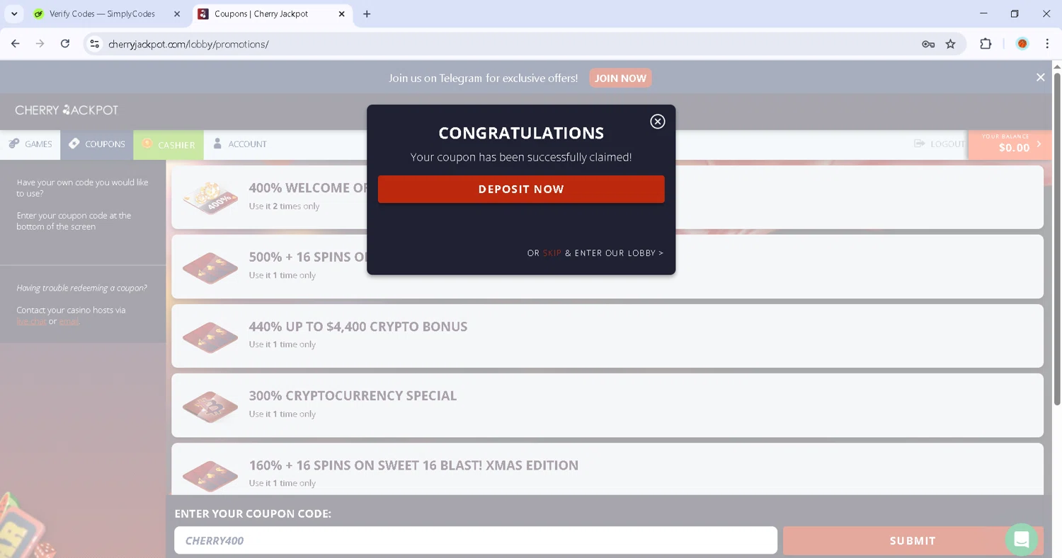 Cherry Jackpot coupon code screenshot showing code CHERRY400 applied at Cherry Jackpot checkout page. Uploaded by SimplyCodes community member Estefani4 on Dec 2, 2025