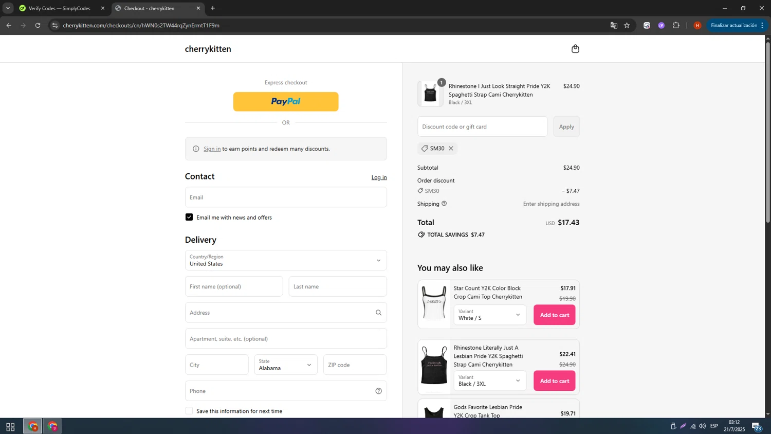 Cherry Kitten discount code screenshot showing code SM30 applied at Cherry Kitten checkout page. Uploaded by SimplyCodes community member usename on Jul 21, 2025