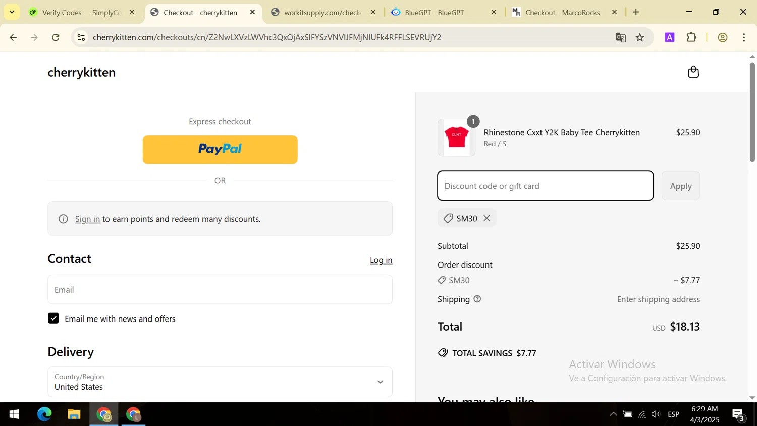 Cherry Kitten discount code screenshot showing code SM30 applied at Cherry Kitten checkout page. Uploaded by SimplyCodes community member PromoPioneer7268 on Apr 3, 2025