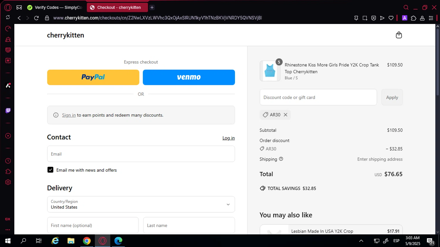Cherry Kitten discount code screenshot showing code AR30 applied at Cherry Kitten checkout page. Uploaded by SimplyCodes community member YunoMaria on May 9, 2025