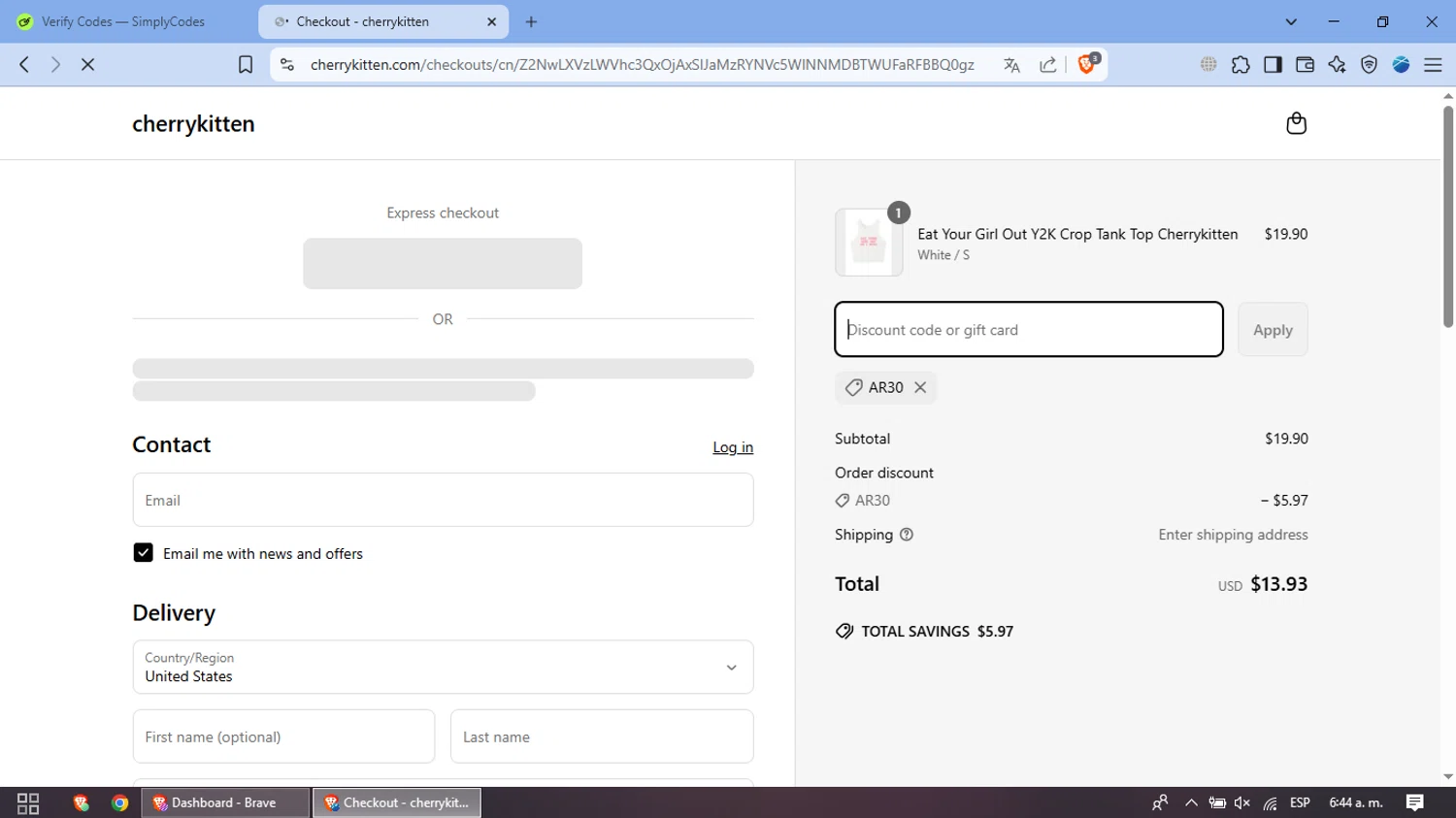 Cherry Kitten discount code screenshot showing code AR30 applied at Cherry Kitten checkout page. Uploaded by SimplyCodes community member SaleWarden8614 on Apr 16, 2025