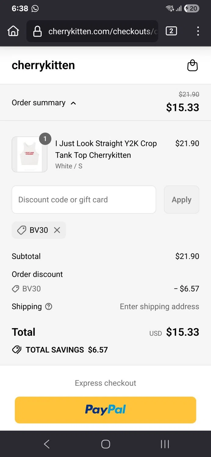 Cherry Kitten discount code screenshot showing code BV30 applied at Cherry Kitten checkout page. Uploaded by SimplyCodes community member TULA515 on Jul 18, 2025