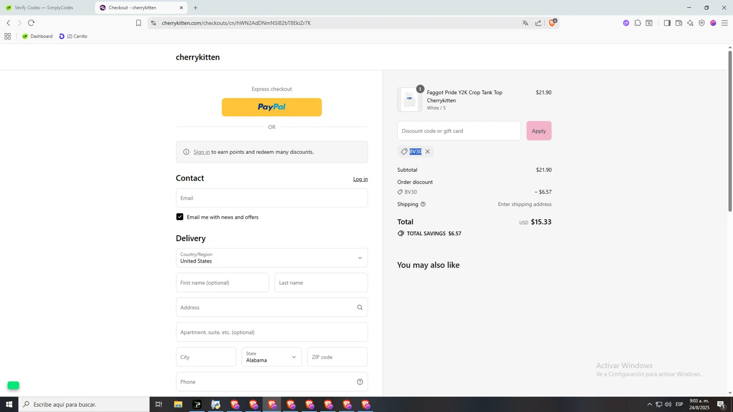 Cherry Kitten discount code screenshot showing code BV30 applied at Cherry Kitten checkout page. Uploaded by SimplyCodes community member CHAMBAAAalas3AM on Aug 24, 2025