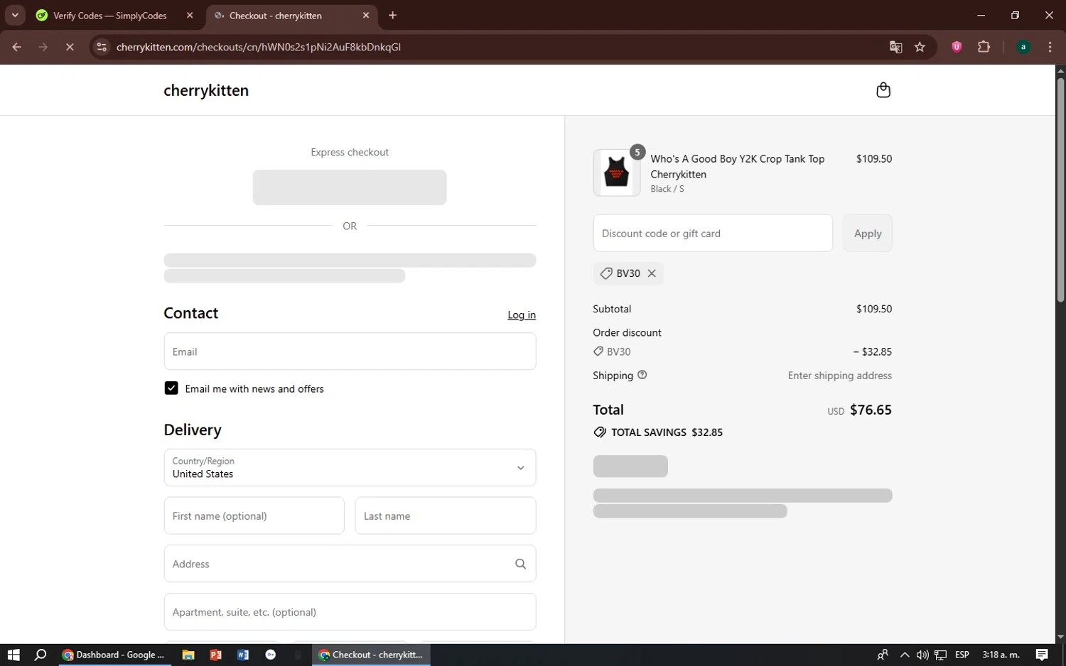Cherry Kitten discount code screenshot showing code BV30 applied at Cherry Kitten checkout page. Uploaded by SimplyCodes community member zizu55 on Jul 21, 2025