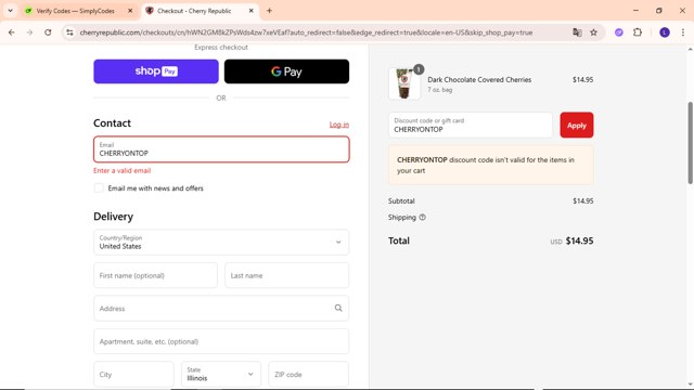 Cherry Republic checkout page showing Cherry Republic coupon code box | Screenshot taken by SimplyCodes community member on Aug 26, 2025