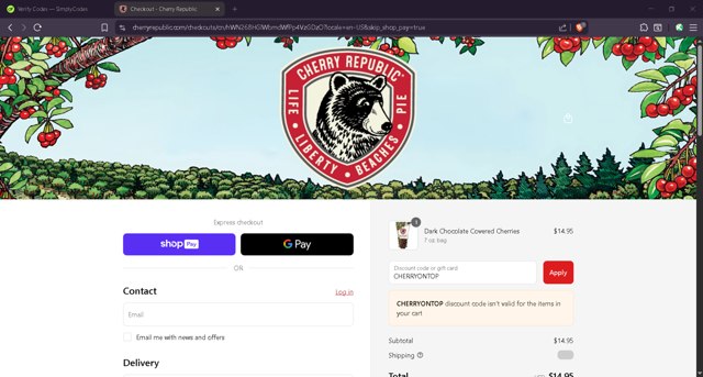 Cherry Republic checkout page showing Cherry Republic coupon code box | Screenshot taken by SimplyCodes community member on Aug 22, 2025