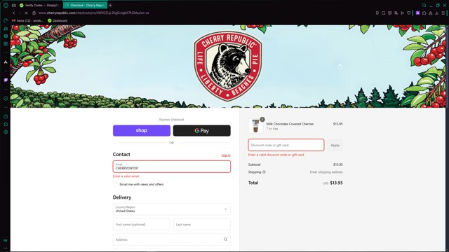 Cherry Republic checkout page showing Cherry Republic coupon code box | Screenshot taken by SimplyCodes community member on Sep 4, 2025