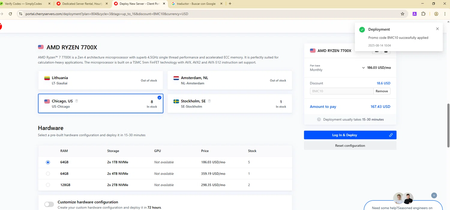 Cherry Servers discount code screenshot showing code BMC10 applied at Cherry Servers checkout page. Uploaded by SimplyCodes community member ShieldTitan9442 on Aug 14, 2025