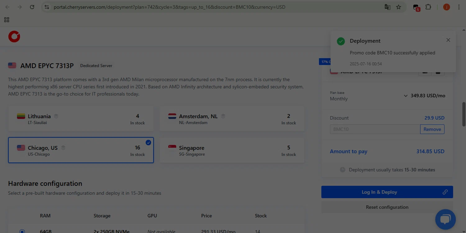 Cherry Servers discount code screenshot showing code BMC10 applied at Cherry Servers checkout page. Uploaded by SimplyCodes community member WonderSpotter5339 on Jul 16, 2025