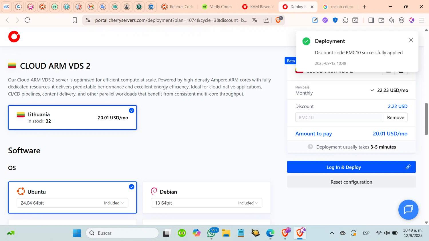 Cherry Servers discount code screenshot showing code BMC10 applied at Cherry Servers checkout page. Uploaded by SimplyCodes community member cosita on Sep 12, 2025