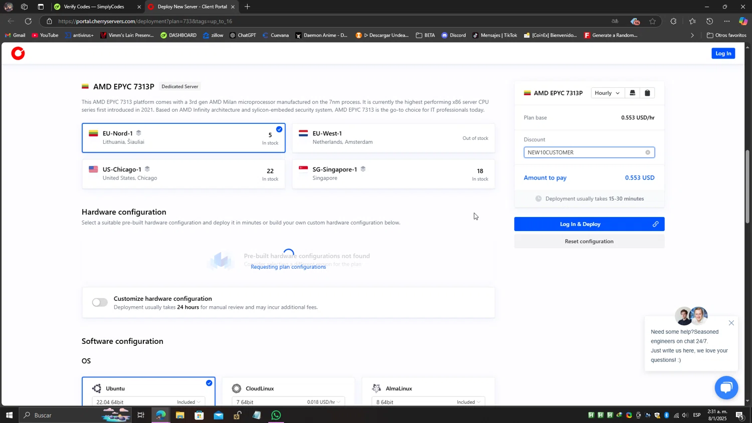 Cherry Servers discount code screenshot showing code NEW10CUSTOMER applied at Cherry Servers checkout page. Uploaded by SimplyCodes community member SavvyScholar7013 on Jan 8, 2025