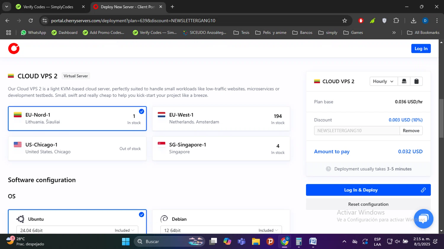 Cherry Servers discount code screenshot showing code NEWSLETTERGANG10 applied at Cherry Servers checkout page. Uploaded by SimplyCodes community member danielgarcia1 on Jan 8, 2025