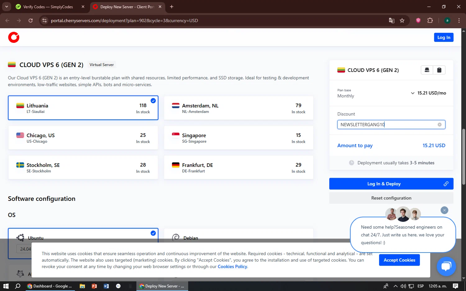 Cherry Servers discount code screenshot showing code NEWSLETTERGANG10 applied at Cherry Servers checkout page. Uploaded by SimplyCodes community member zizu55 on Jul 16, 2025