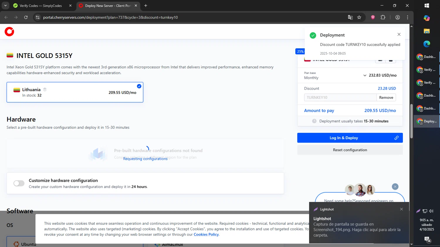 Cherry Servers checkout page showing Cherry Servers discount code box | Screenshot taken by SimplyCodes community member on Oct 4, 2025