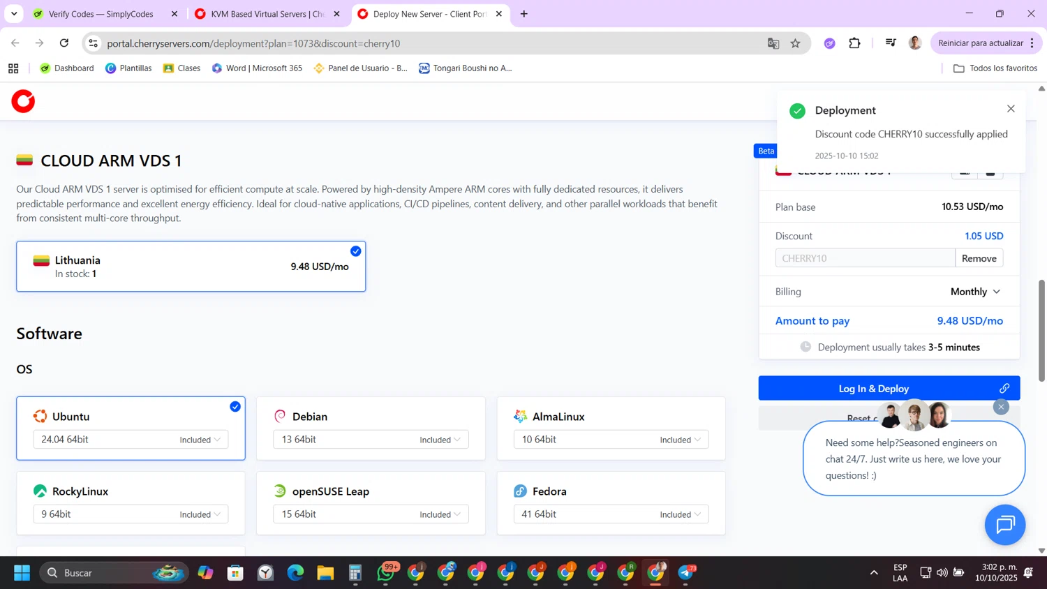 Cherry Servers discount code screenshot showing code CHERRY10 applied at Cherry Servers checkout page. Uploaded by SimplyCodes community member FernandoLetex on Oct 10, 2025