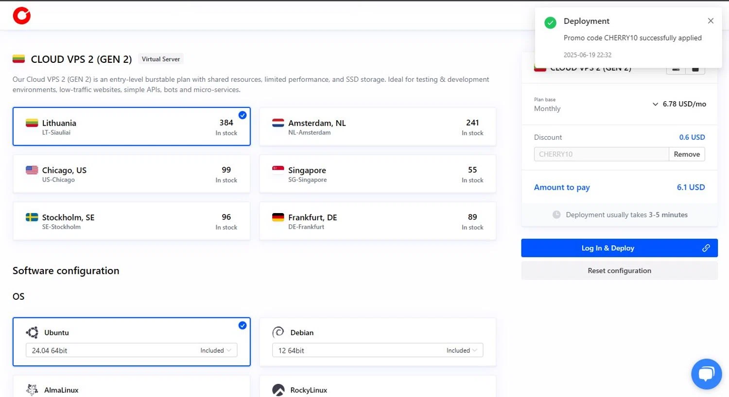 Cherry Servers discount code screenshot showing code CHERRY10 applied at Cherry Servers checkout page. Uploaded by SimplyCodes community member mikhaildelmoral on Jun 20, 2025