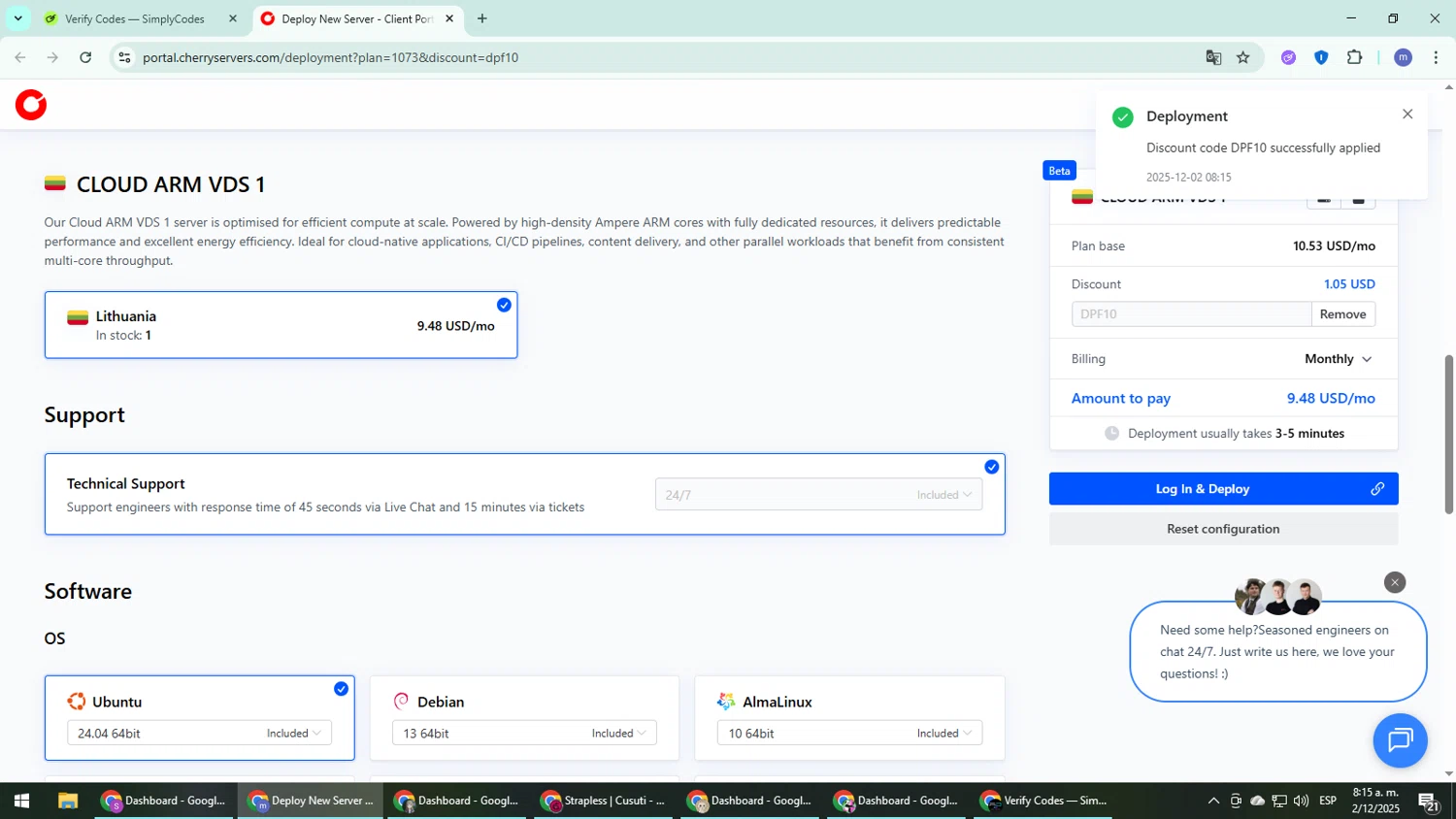 Cherry Servers discount code screenshot showing code DPF10 applied at Cherry Servers checkout page. Uploaded by SimplyCodes community member QuestDefender2661 on Dec 2, 2025