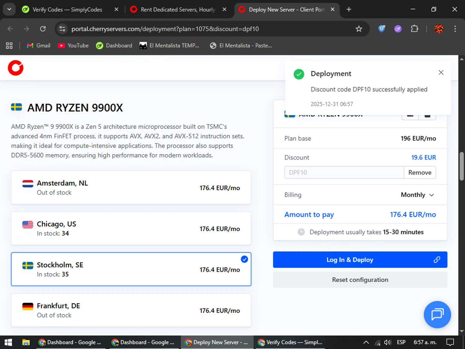 Cherry Servers checkout page showing Cherry Servers discount code box | Screenshot taken by SimplyCodes community member on Dec 31, 2025