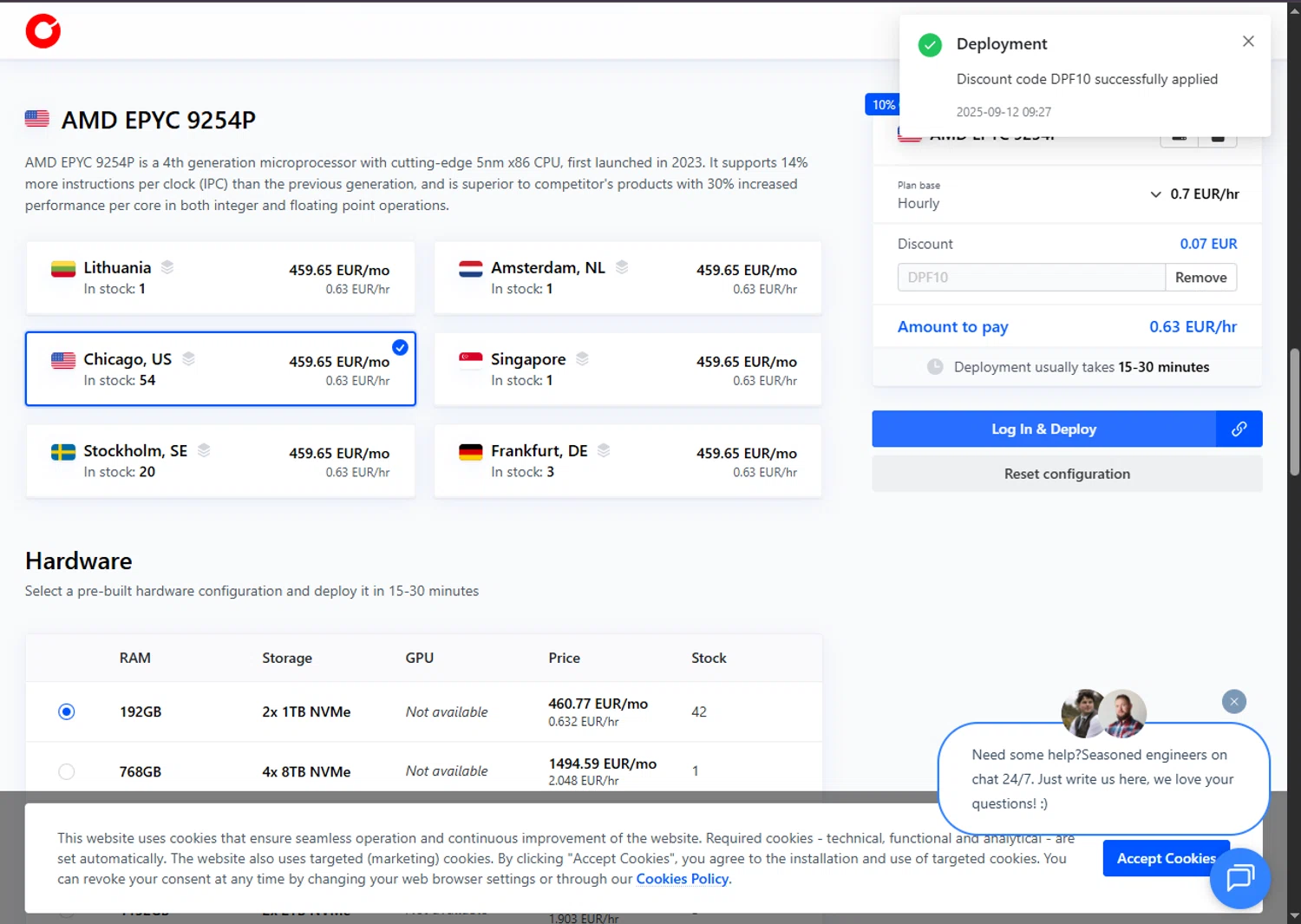 Cherry Servers discount code screenshot showing code DPF10 applied at Cherry Servers checkout page. Uploaded by SimplyCodes community member SalePhoenix2220 on Sep 12, 2025