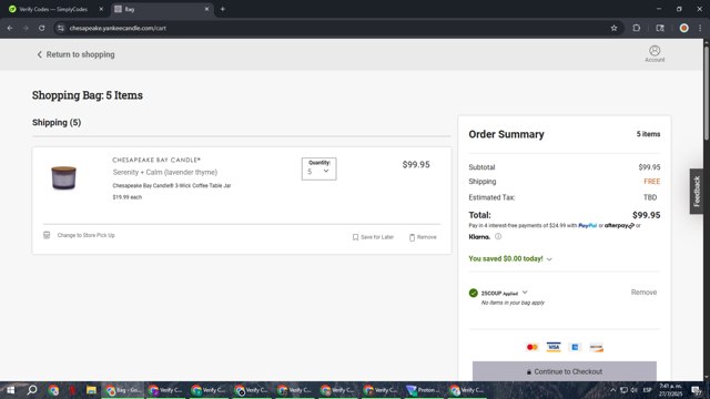 Chesapeake Bay Candle checkout page showing Chesapeake Bay Candle promo code box | Screenshot taken by SimplyCodes community member on Jul 27, 2025