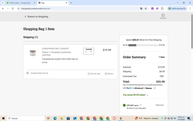 Chesapeake Bay Candle checkout page showing Chesapeake Bay Candle promo code box | Screenshot taken by SimplyCodes community member on Aug 25, 2025