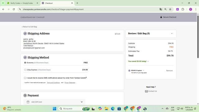 Chesapeake Bay Candle checkout page showing Chesapeake Bay Candle promo code box | Screenshot taken by SimplyCodes community member on Sep 1, 2025
