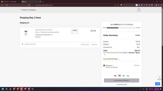 Chesapeake Bay Candle checkout page showing Chesapeake Bay Candle promo code box | Screenshot taken by SimplyCodes community member on Jul 18, 2025