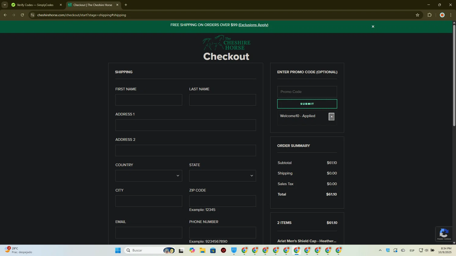 The Cheshire Horse promo code screenshot showing code WELCOME10 applied at The Cheshire Horse checkout page. Uploaded by SimplyCodes community member CashScout2884 on Oct 10, 2025