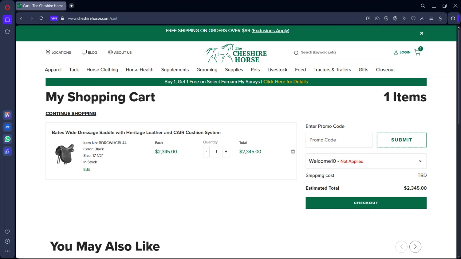 The Cheshire Horse promo code screenshot showing code WELCOME10 applied at The Cheshire Horse checkout page. Uploaded by SimplyCodes community member GoldChaser2970 on Aug 15, 2025