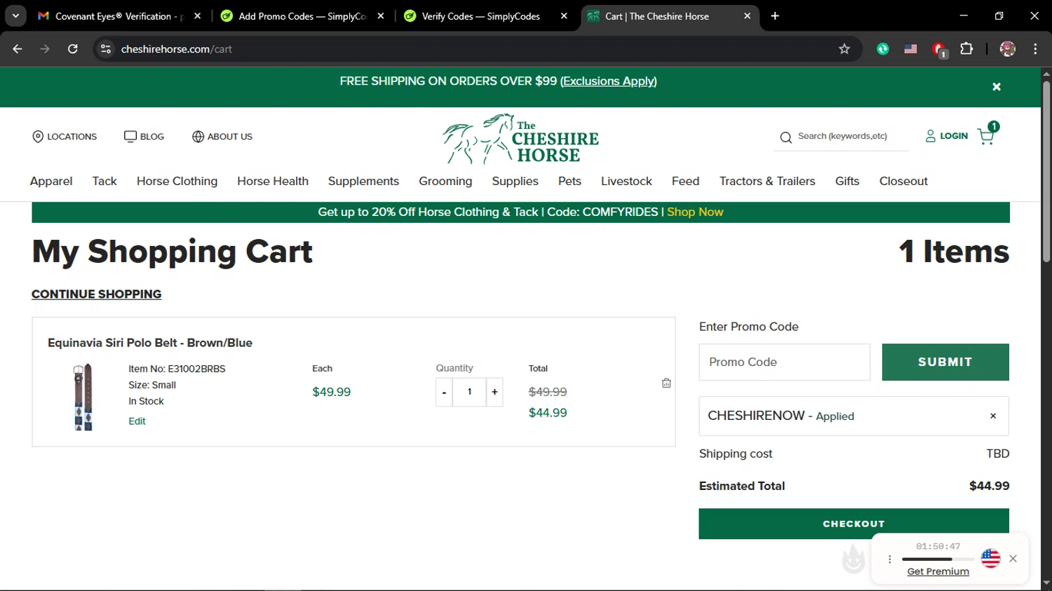 The Cheshire Horse promo code screenshot showing code Cheshirenow applied at The Cheshire Horse checkout page. Uploaded by SimplyCodes community member Juliet on Nov 7, 2025