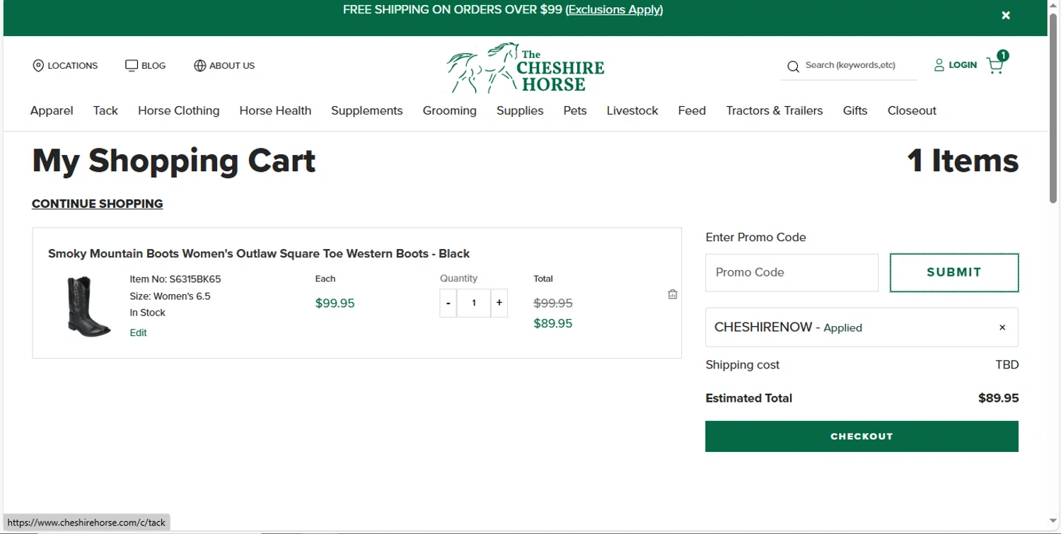 The Cheshire Horse promo code screenshot showing code Cheshirenow applied at The Cheshire Horse checkout page. Uploaded by SimplyCodes community member MagnificentVirtuoso8433 on Oct 9, 2025