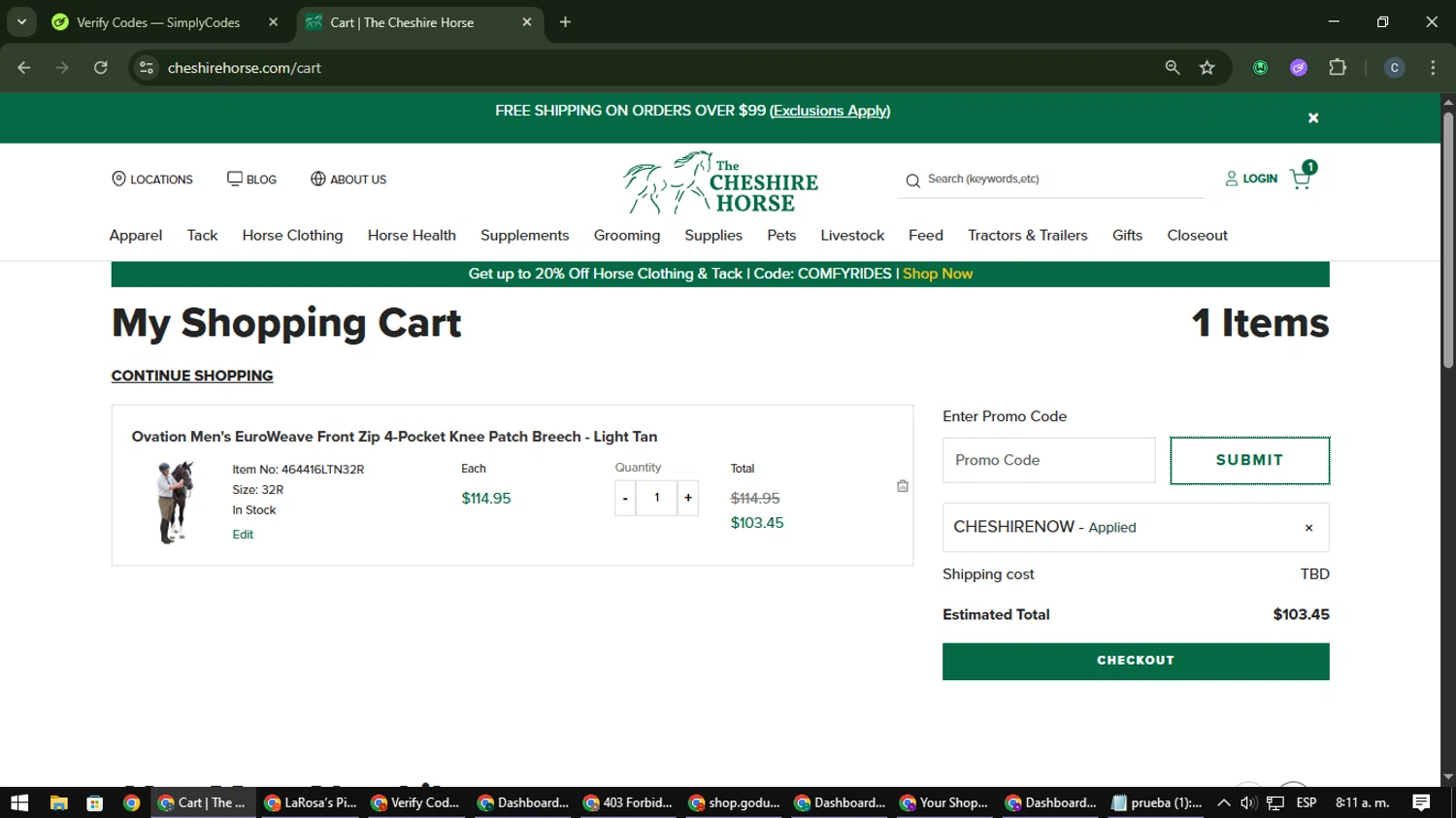 The Cheshire Horse promo code screenshot showing code Cheshirenow applied at The Cheshire Horse checkout page. Uploaded by SimplyCodes community member Nata_Montana on Nov 7, 2025