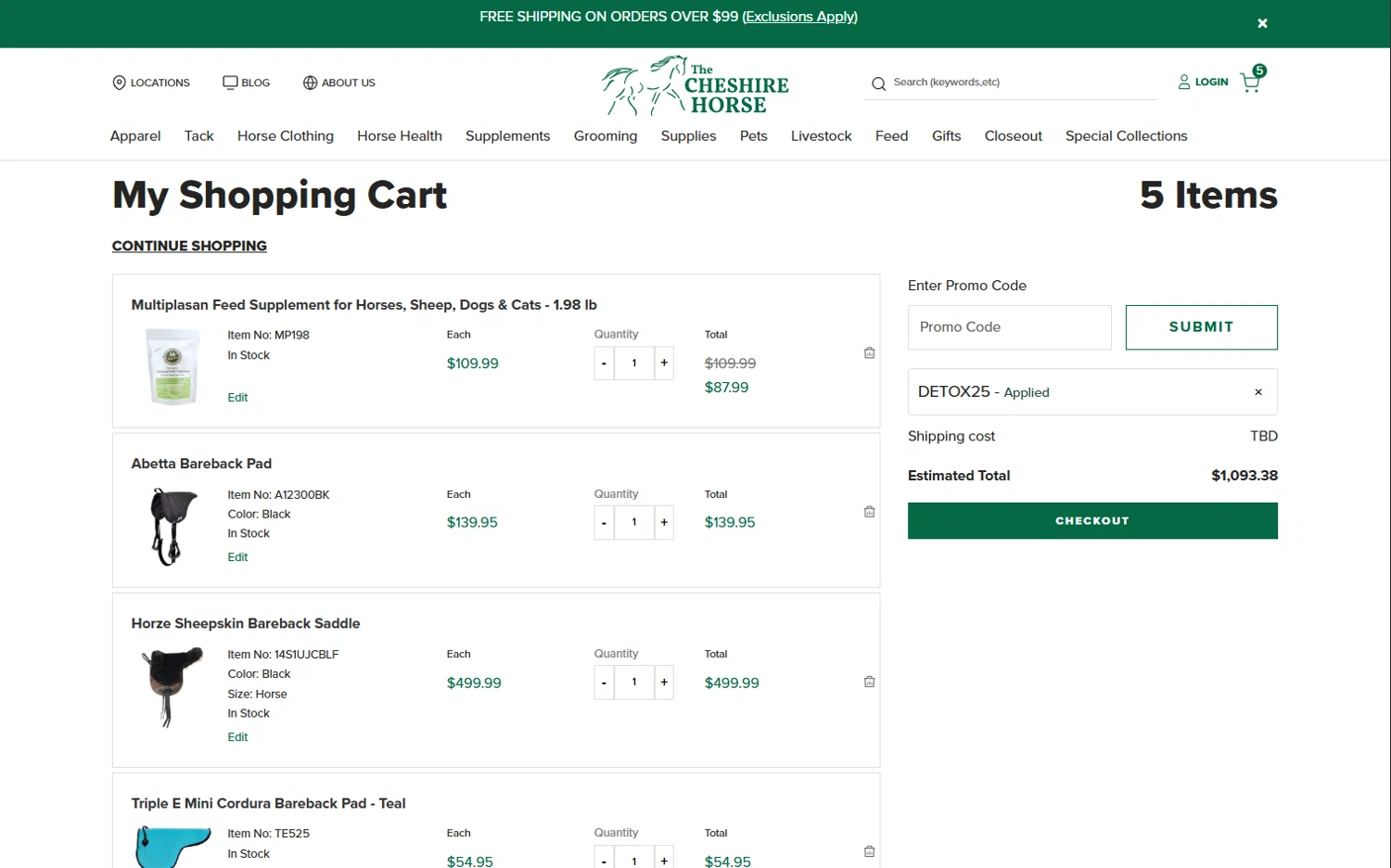 The Cheshire Horse checkout page showing The Cheshire Horse promo code box | Screenshot taken by SimplyCodes community member on Feb 6, 2026