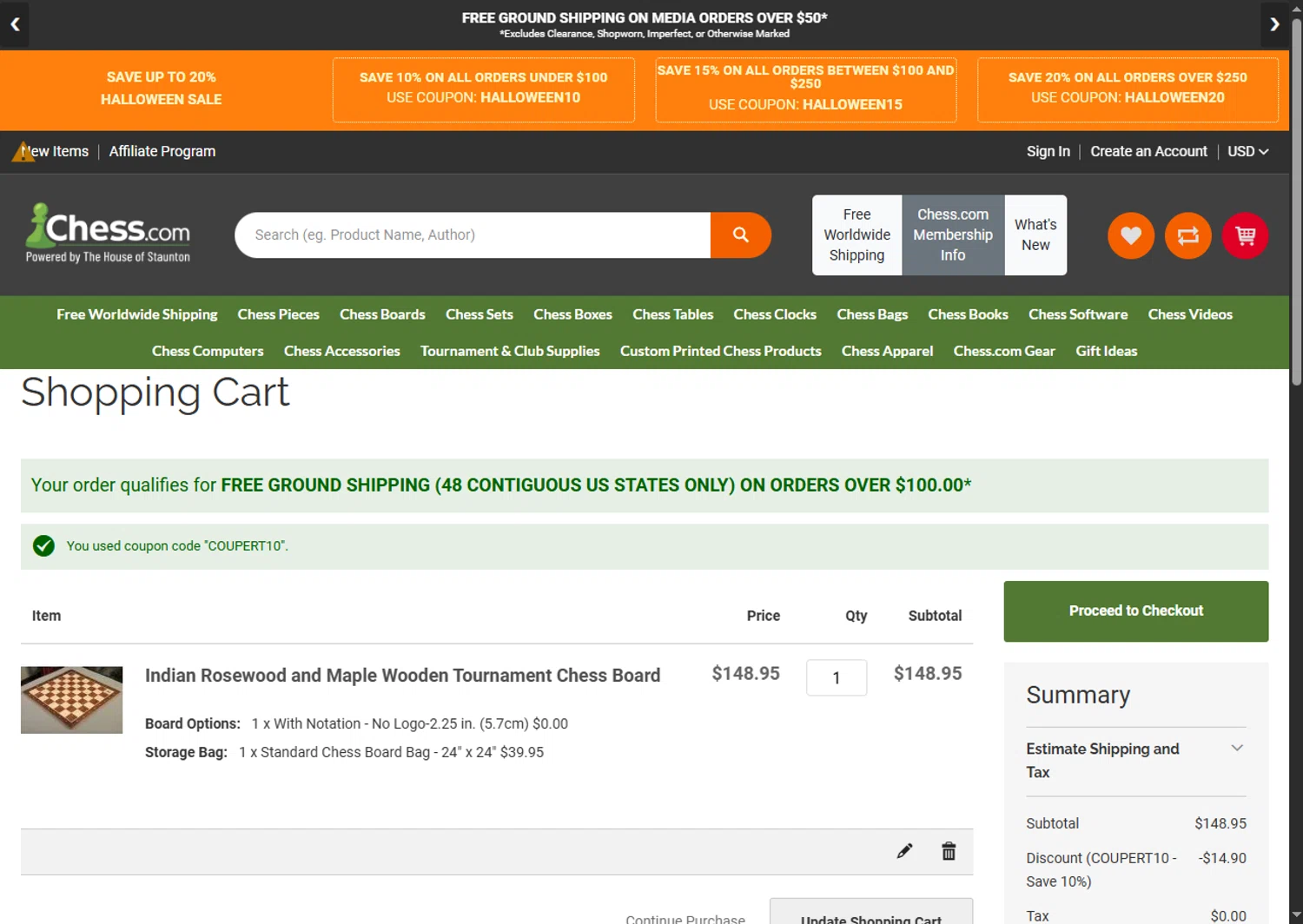Chess.com promo code screenshot showing code COUPERT10 applied at Chess.com checkout page. Uploaded by SimplyCodes community member MagnificentFalcon188 on Nov 1, 2025