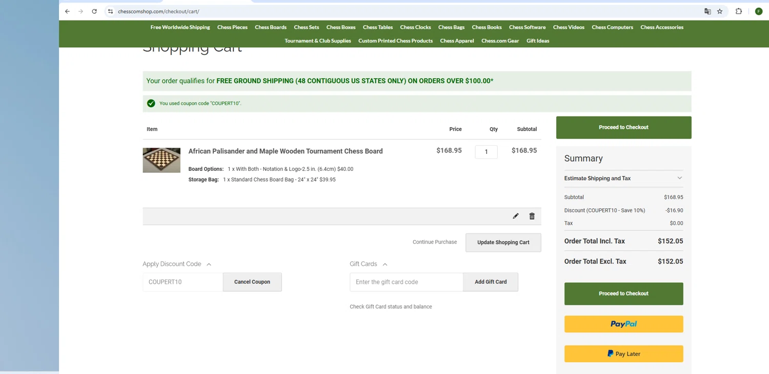 Chess.com promo code screenshot showing code COUPERT10 applied at Chess.com checkout page. Uploaded by SimplyCodes community member MoneyPro9023 on Oct 4, 2025