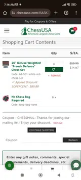 CHESSMAIL coupon verification screenshot
