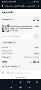 Chews Life coupon verification screenshot